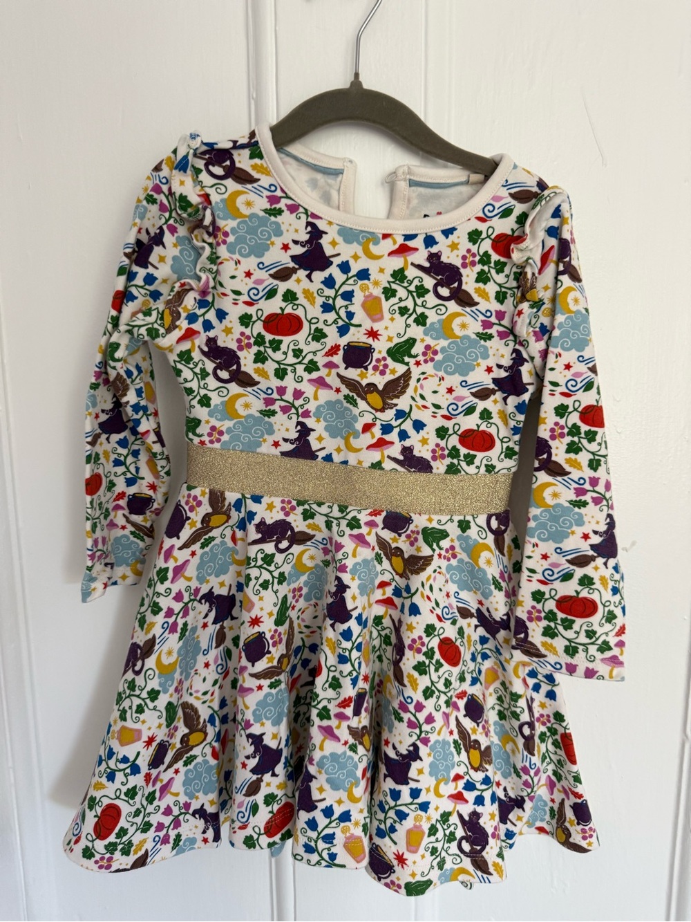 Boden White Multi-Color Printed Long-Sleeve Dress with Gold Waistband